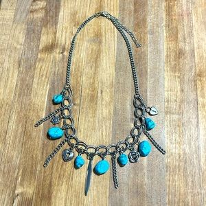 Paparazzi Silver Charm Necklace with Turquoise Beads 💠 Heart Lock Flower Rose